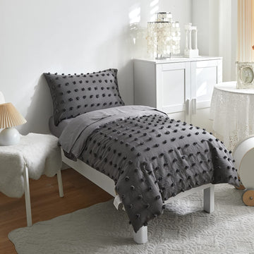 4 Pieces Tufted Dots Toddler Bedding Set Solid Grey Jacquard Pom Pom Tufts, Soft And Embroidery Shabby Chic Boho Design For Baby
