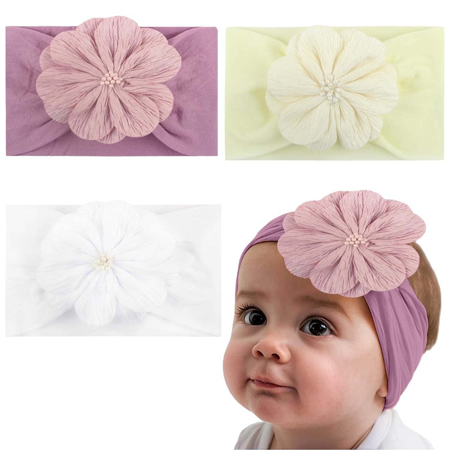 Syga Pack Of 3 Baby Headband Nylon Flower Soft Stretchable Hairband For Newborn Infant Toddler Kids For 03 Year (White, Beige,