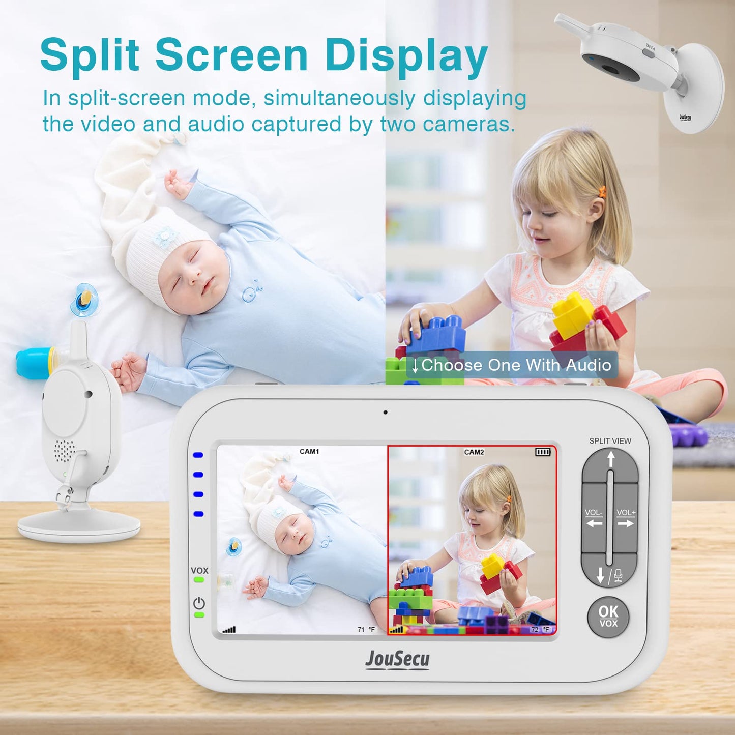 Jousecu Baby Monitor With 2 Cameras, Video Baby Monitor, 4.3' Lcd Split Screen,2-Way Audio, Crying Detection, Night Vision, Tem