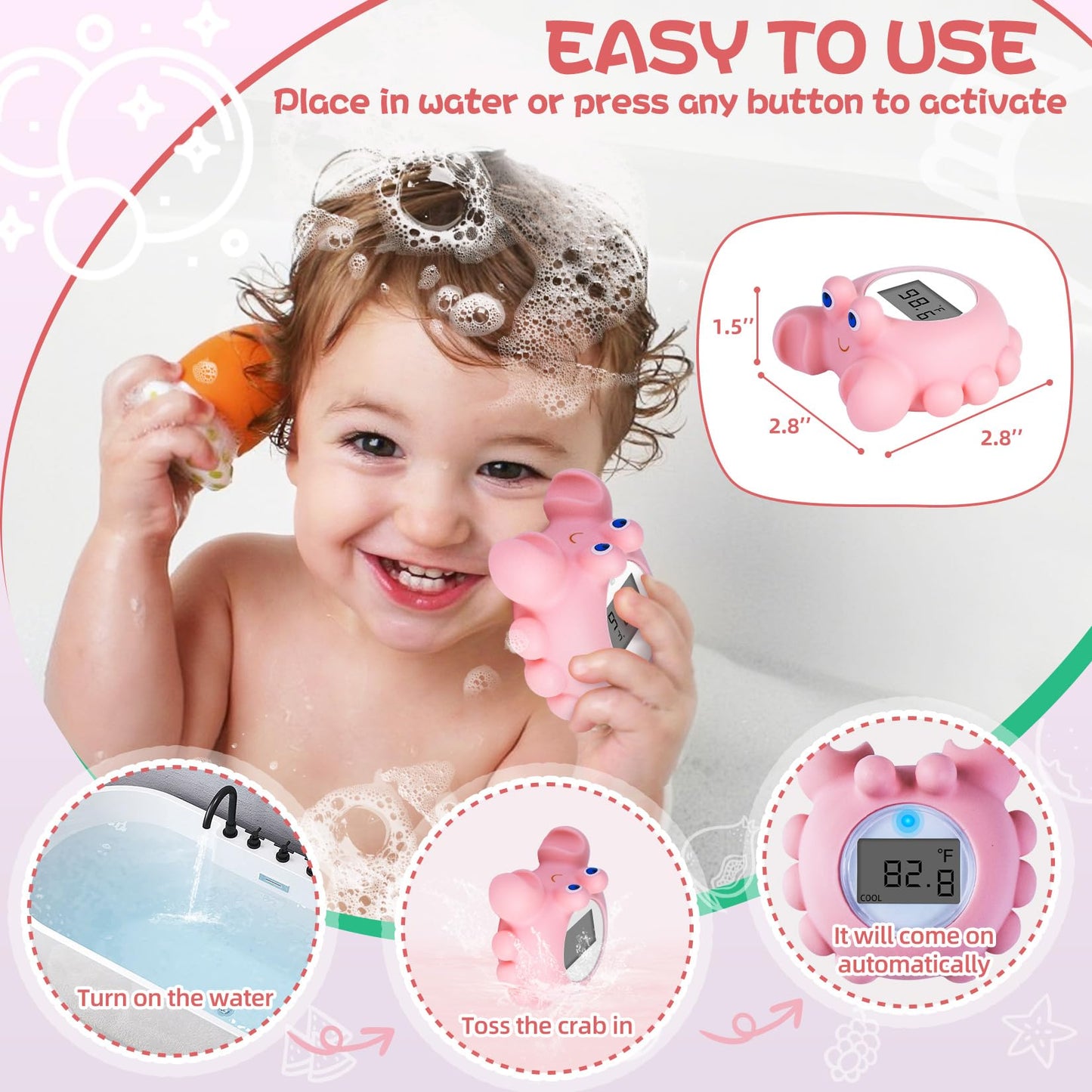Pircaath Baby Bath Thermometer Newborn, Bpa-Free Safety Digital Bath Tub Thermometer With Temperature Alarm & Lcd Display, Crab