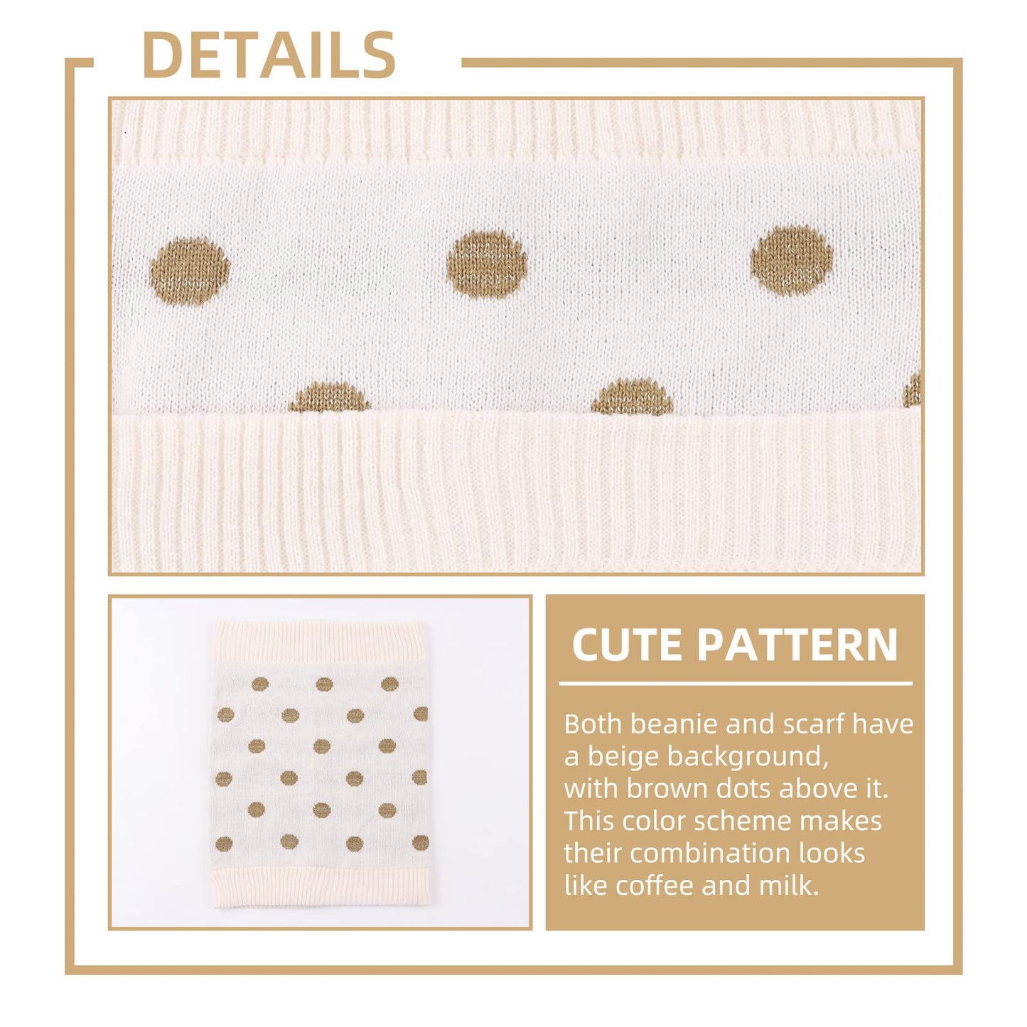 Jangannsa Knitted Baby Hat Scarf Set Winter Warm Boys Girls Beanie Fleece Lining Toddler Kids Hats With Pompom (Beige Dots(Hat+S