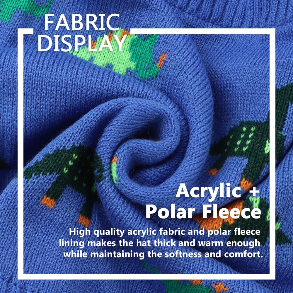 Knitted Baby Hat Scarf Set Winter Warm Boys Girls Beanie Fleece Lining Toddler Kids Hat With Pompom(Royal Blue Dinosaur Hat,M)