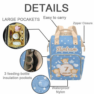 M Yescustom Personalized Blue Bear Diaper Bag With Name & Age, Custom Star Travel Backpack With Large Capacity Waterproof Mommy