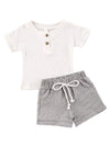 Baby Boys Short Sleeve T-Shirt Tops Elastic Waistband Shorts Set Toddler2Pcs Summer Outfits Clothes (Linen White + Strips, 18-24