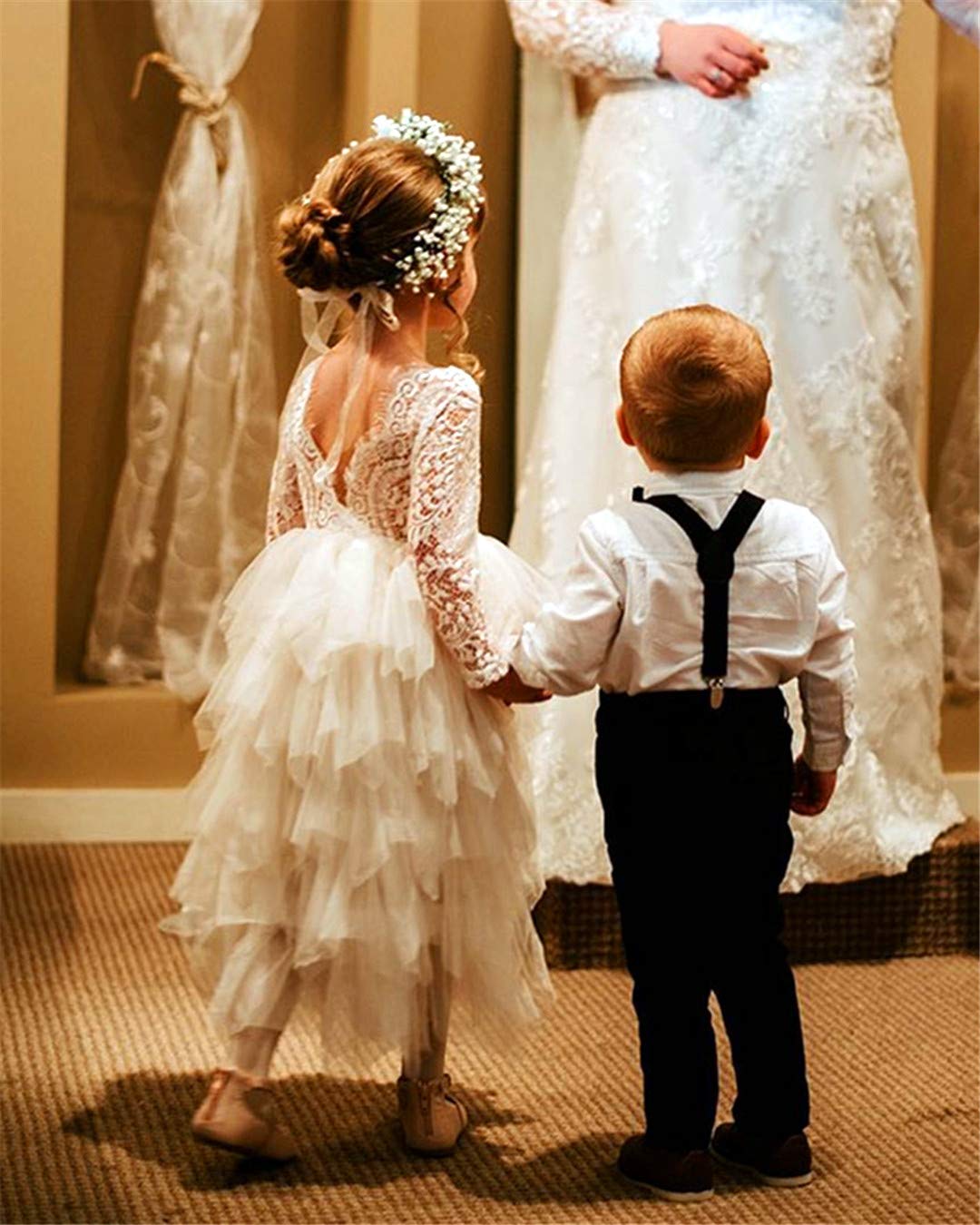 2Bunnies Girl Peony Lace Back A-Line Tiered Tutu Tulle Party Flower Girl Dress (White Sleeve Maxi, 5)