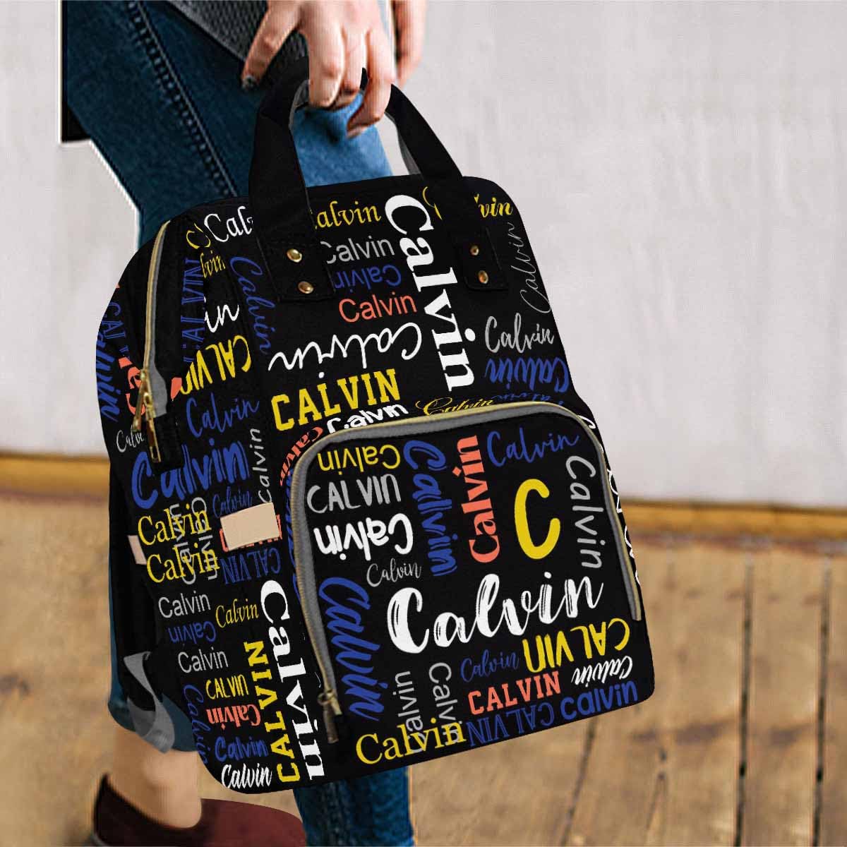 Artsadd Personalized Name Nappy Bag Large Capacity Baby Diaper Bags, Color Black Monogram Daypack Custom Name Backpack Casual Da