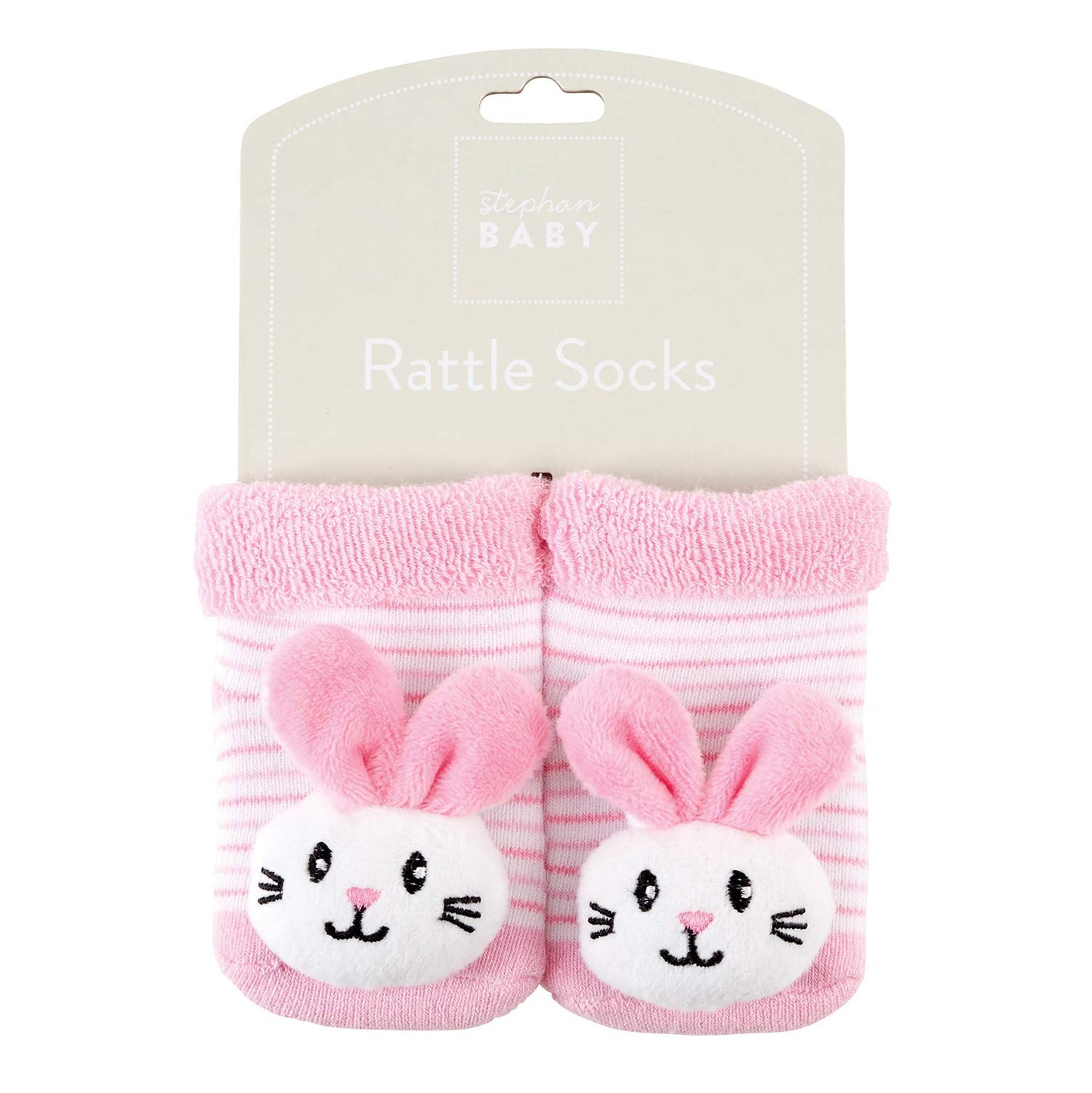 Stephan Baby Rattle Socks, Stripey Pink and White Bunnies, Fits 3-12 Months