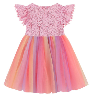 Rjxdlt Toddler Girl Dress Baby Girl Tulle Dress Flutter Sleeve Tutu Flower Girl Dress 6 Years Pink Rainbow 396