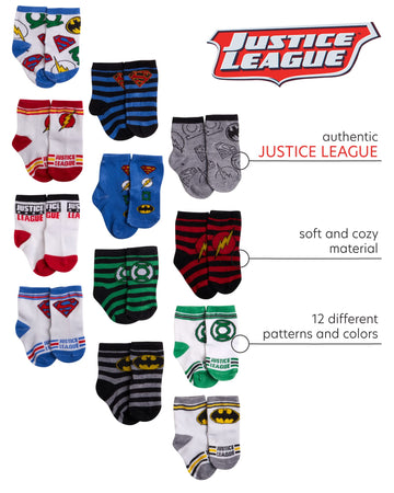 Dc Comics Baby Boys/Girls 12 Pack Socks: Batman, Wonder Woman, Superman, Justice League, Super Girl, Size Age 12-24M, Green/Blue