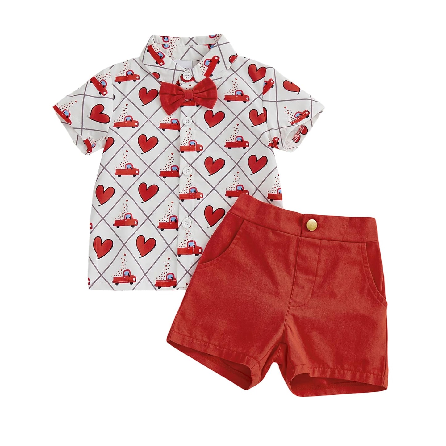 Thorn Tree Toddler Boy Valentines Day Outfit Bow Tie Short Sleeve Shirt Baby Shorts Gentleman Suit Valentines Clothes (White Red