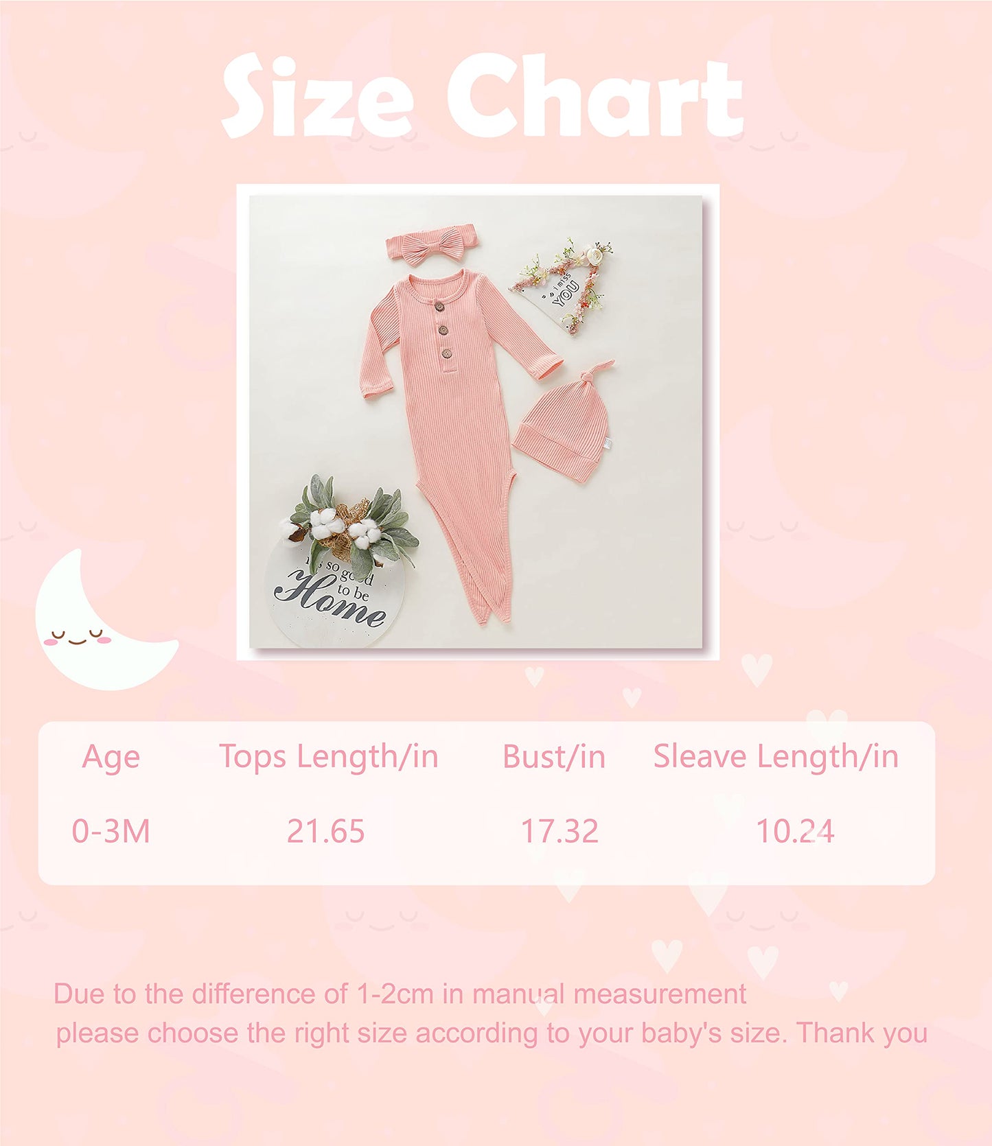 Morygooder Newborn Cotton Nightgowns Neutral Baby Knotted Sleeper Baby Coming Home Outfit (Pink,0-6 Months)