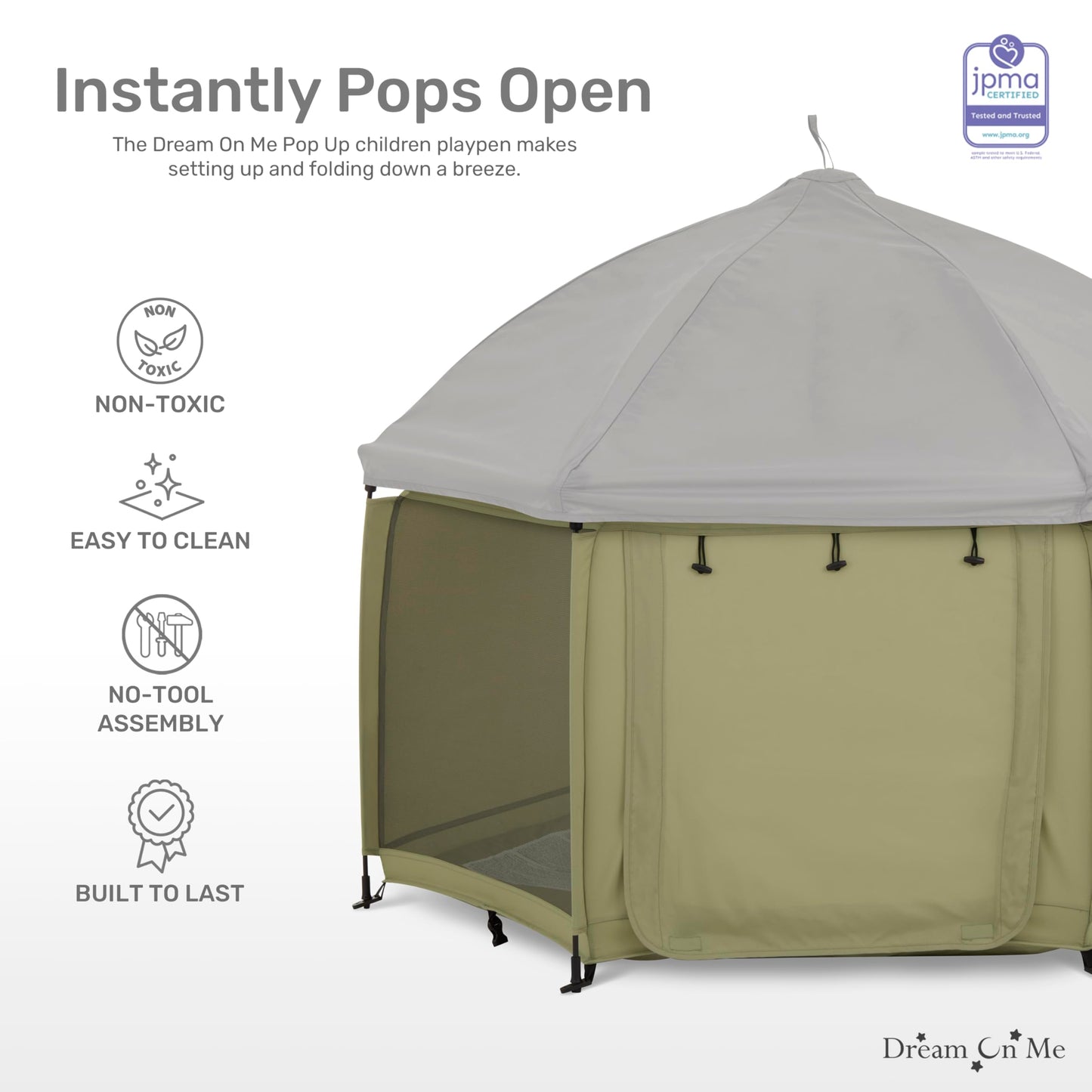 Dream On Me Pop Up Children Playpen In Taupe Green, Easy Set Up For Babies And Toddlers, Breathable Mesh Sides, One Hand Easy Fo