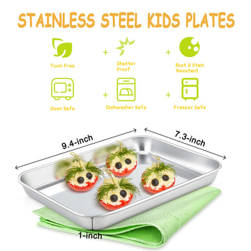 E-Far Stainless Steel Kids Plates, 4 Pieces Small Metal Dinner Dish Set For Kids Toddler Child, 9.4 X 7.3 X 1 , Non-Toxi