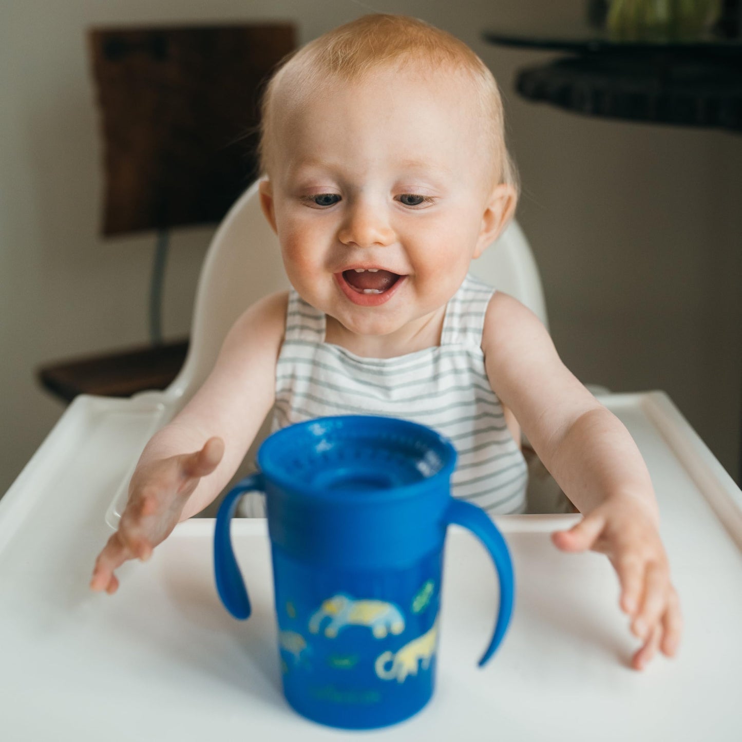 Dr. Browns Milestones Cheers 360 Cup Spoutless Transition Cup With Handles For Easy Grip And Leak-Free Learning, Blue Safari, 7