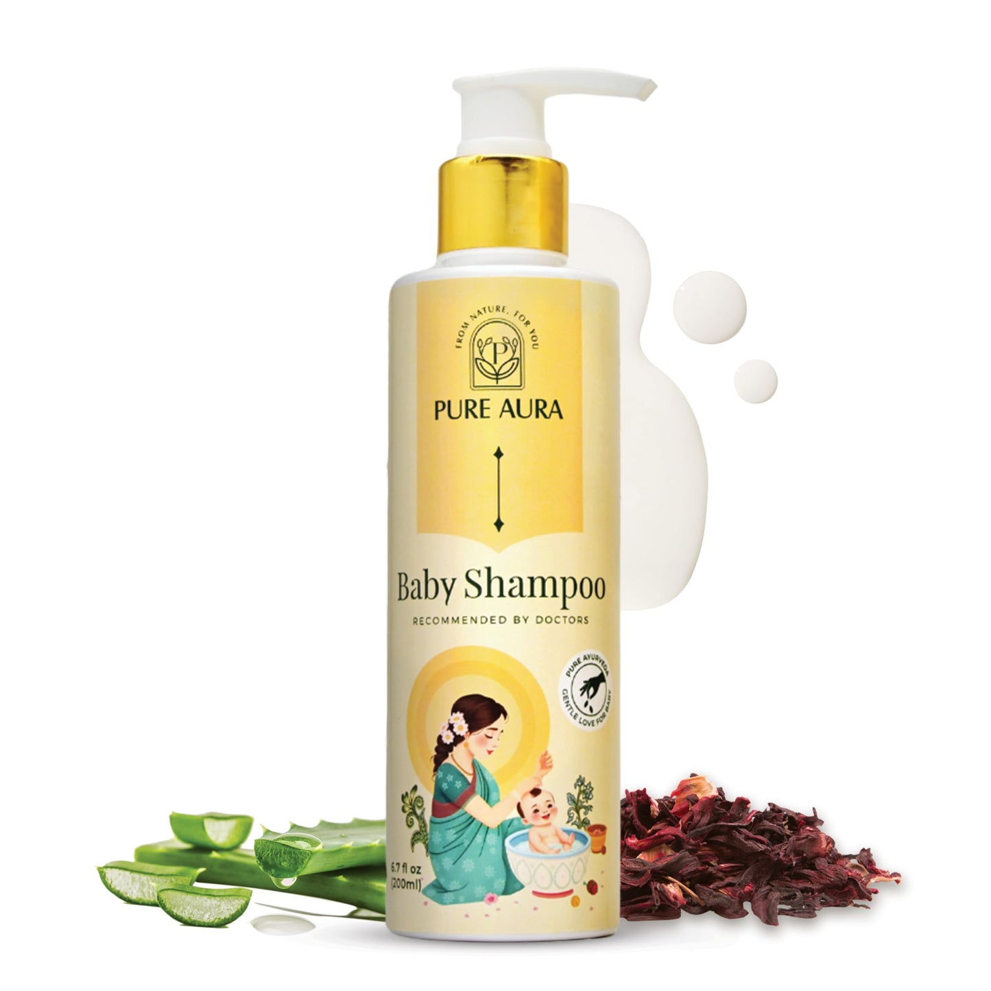 Pure Aura Baby Shampoo 200Ml | Infused With 10 Ayurvedic Natural Herbs | Paraben-Free, Chemical-Free | Gentle & Nourishing For B