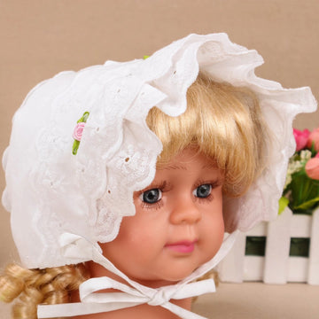 Slowera Cap Baby Girls 100% Cotton Double Brimmed Eyelet Lace Bonnet With Flowers (3-6 Months, White)