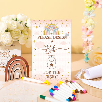 Panitay 100 Pcs Diy Baby Bibs Decorating Kit 50 White Bibs 25 Stencils 24 Fabric Markers 1 Baby Shower Game Sign(Boho)