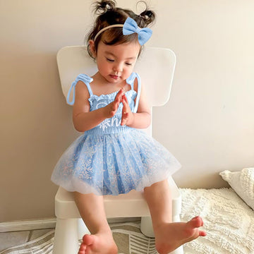 Titkkop Baby Girl 1St Birthday Clothes One Year Old Tulle Romper Sleeveless Bodysuit Cake Smash Outfits(Sky Blue,9-12M)