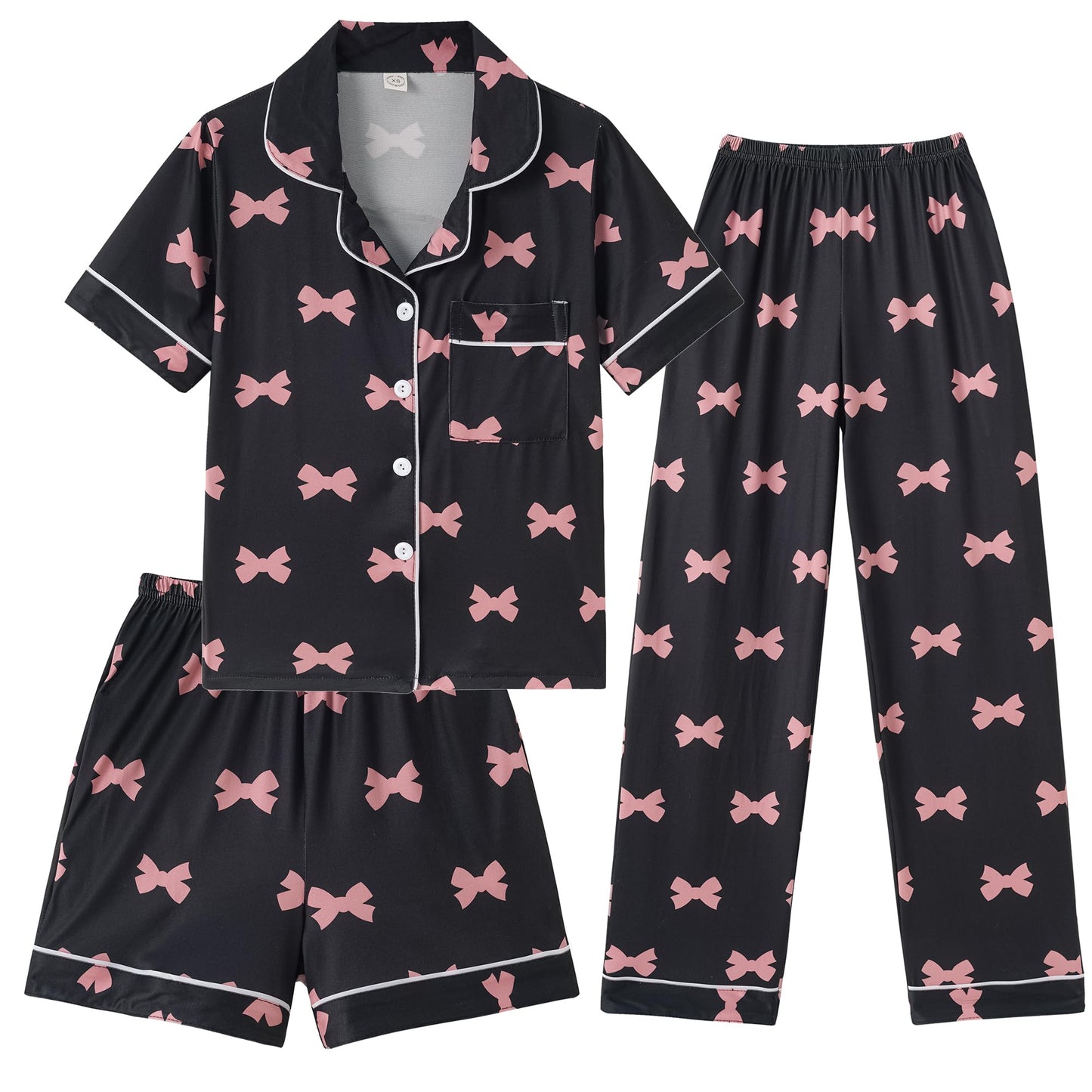 Hupohoi Girls Pajamas Short Sleeve Long Pants and Shorts 3 Piece Sleepwear Button Down Outfit with Pockets Loung Sets, Pink Bowk