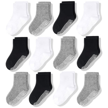 Cozyway Non Slip Toddler Socks 12 Pairs With Grip For Boys Girls Baby Infants Kids Anti Skid Cotton Crew Socks 3-5 Years