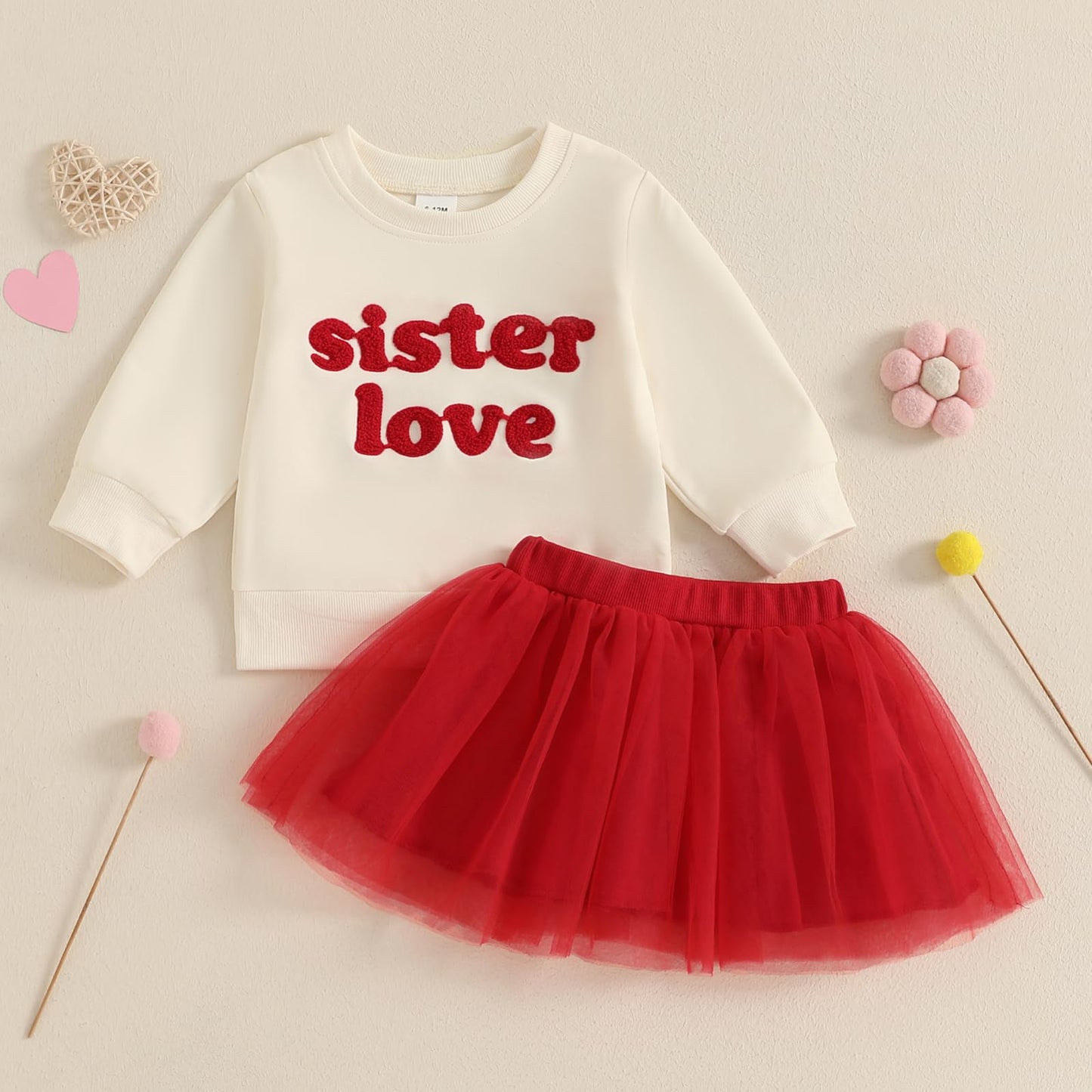 Toddler Baby Girl Valentines Day Outfit Red Love Heart Bow Sweatshirt And Tulle Tutu Skirts Set Cute Spring Clothes (Beige Siste