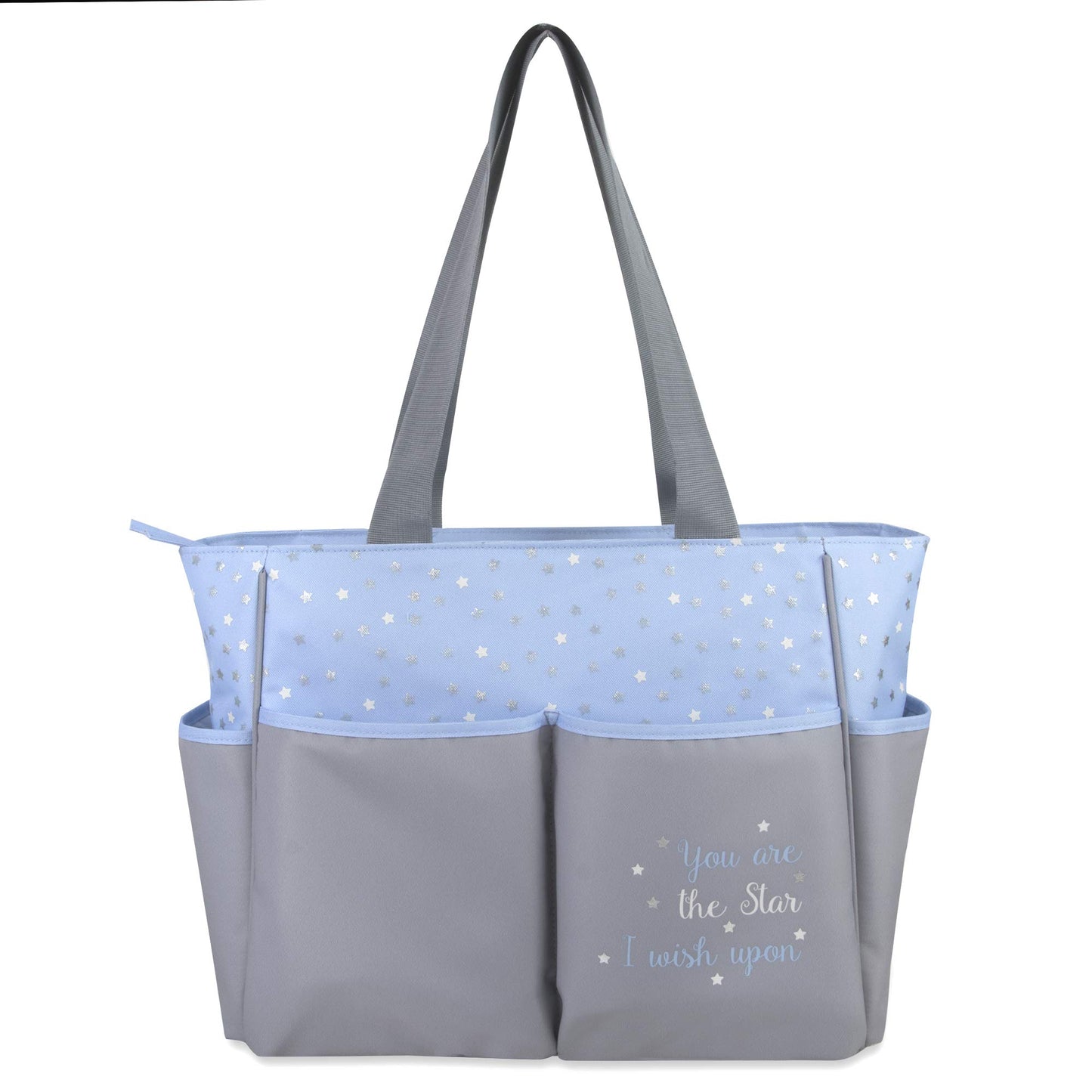Diaper Bag Tote 5 Piece Set With Sun, Moon, And Stars, Wipes Pocket, Dirty Diaper Pouch, Changing Pad (Grey/Blue)