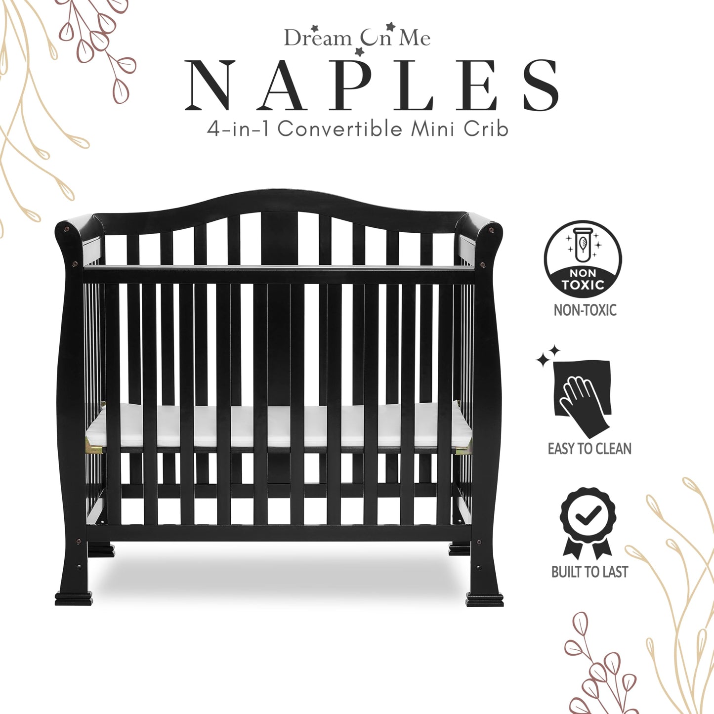 Dream On Me Addison 4-In-1 Convertible Mini Crib In Black, Greenguard Gold Certified, Non-Toxic Finishes, Built Of New Zealand P