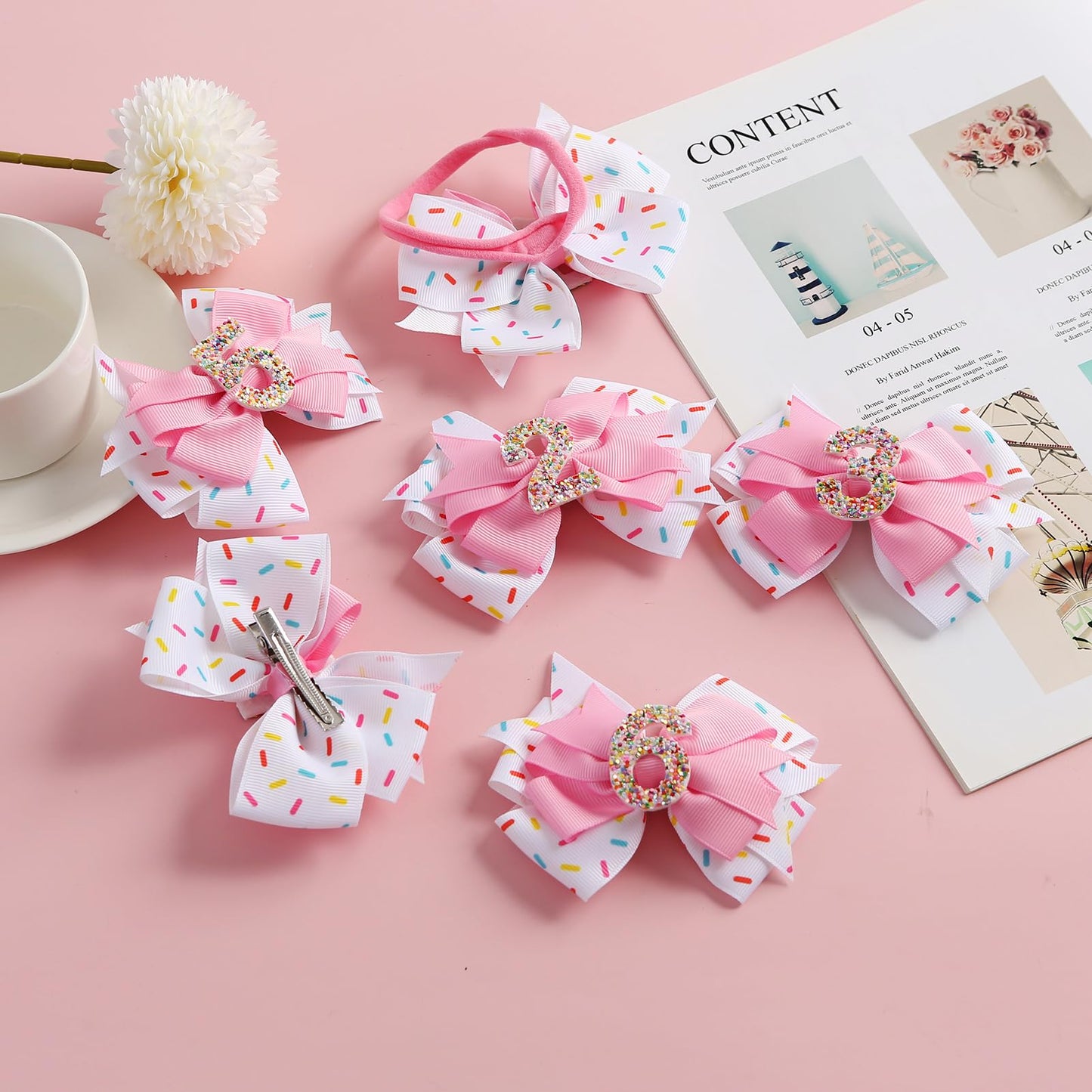 Birthday Hair Bow For Baby Girls 1 2 3 4 5 6 Years Sprinkle Decorations Confetti Ice Cream Party Pink Hair Accessories Headband