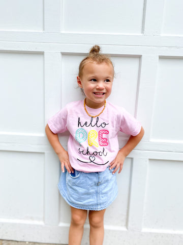 Olive Loves Apple Hello Preschool First Day Of School Gift Back To School Pink Shirt 4T
