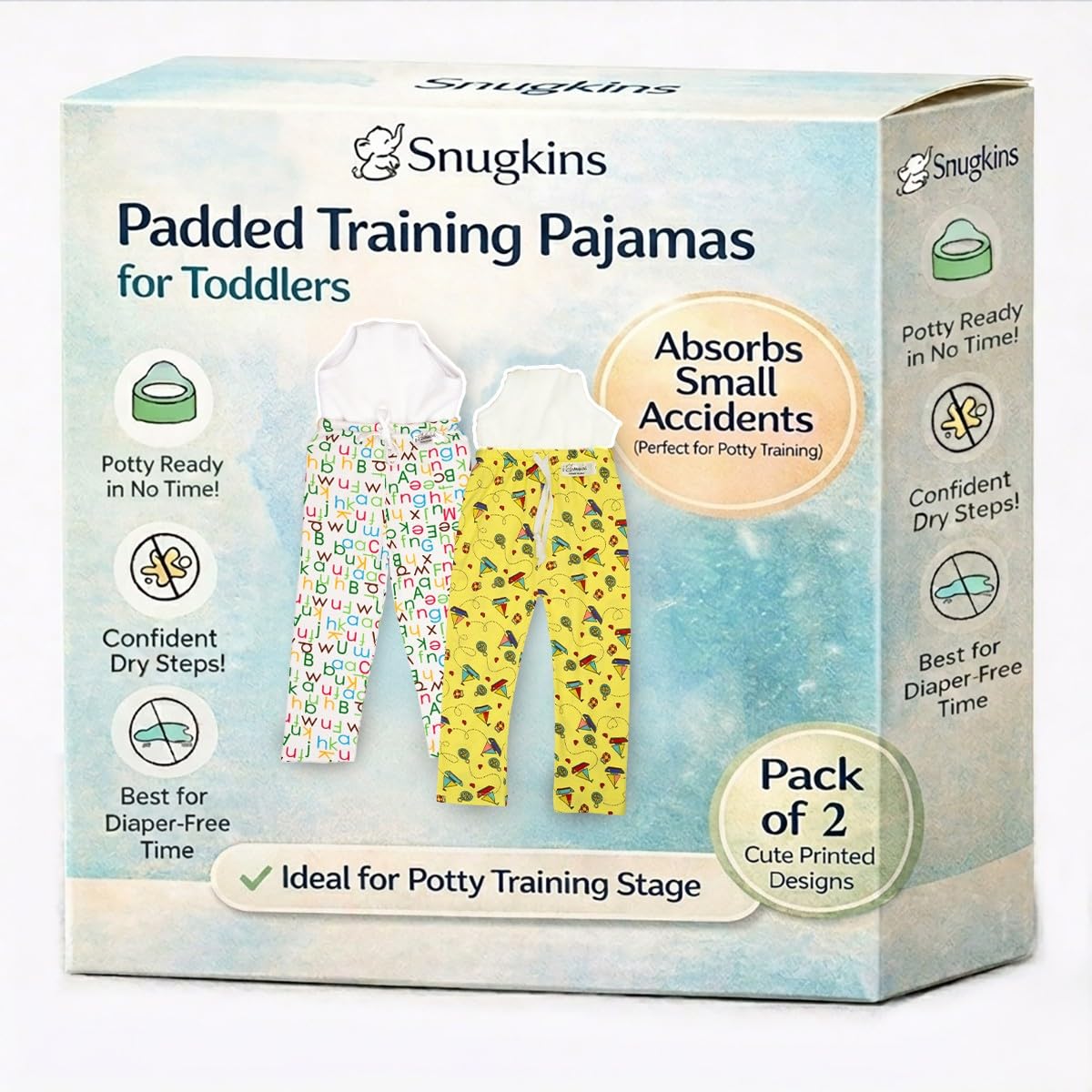 Snugkins Diaper Pants | Potty Training Pajamas For Toddlers, Boys And Girls.100% Cotton. (Alphabet & Boat Pack 2, Size 4, 4 Y