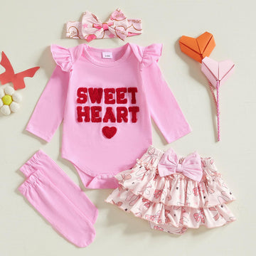 Fybitbo First Valentines Day Baby Girl Outfit Heart Letter Romper Ruffle Tutu Skirt Dress Newborn Infant Girl Clothes Set (Pink-