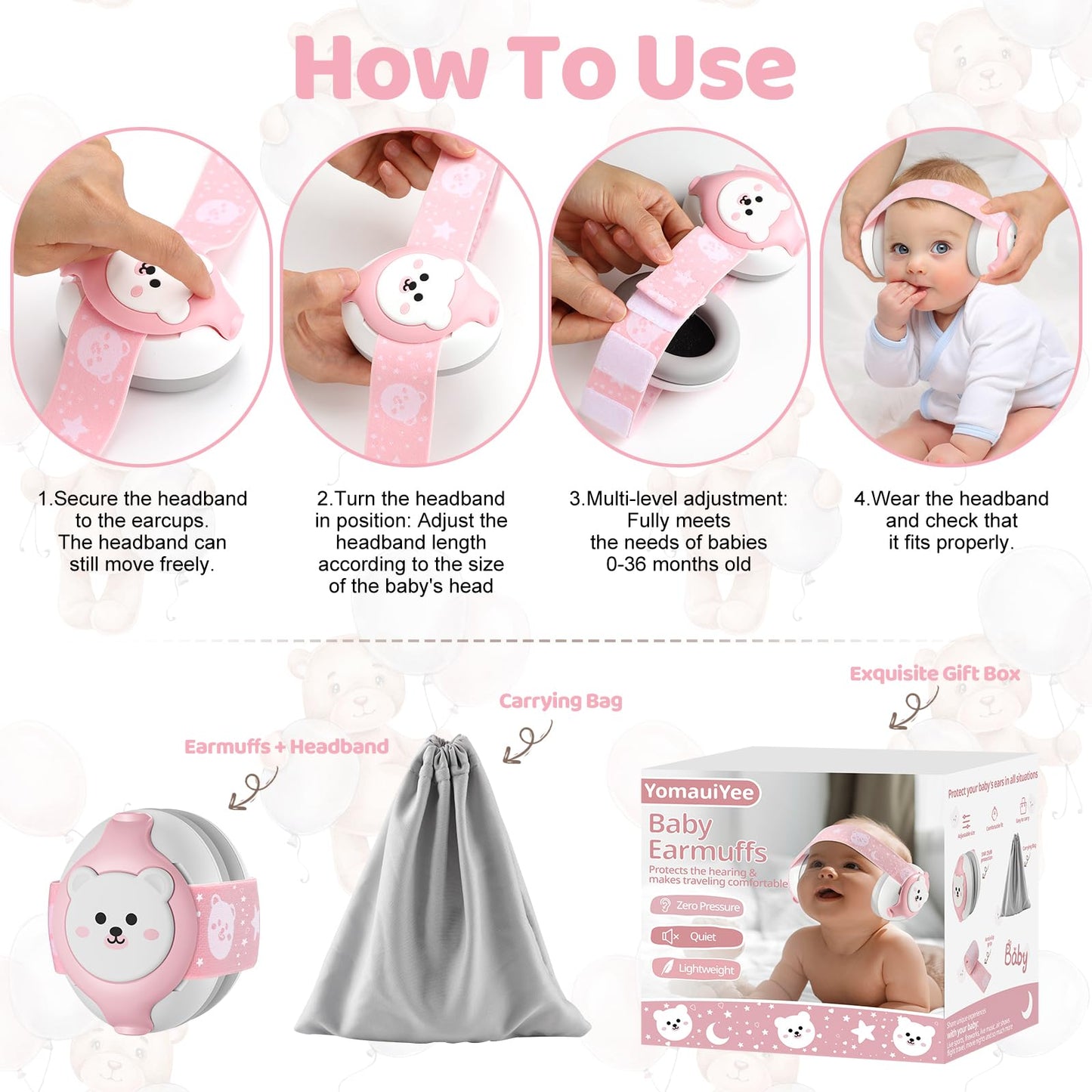 Yomauiyee Baby Ear Protection,Bear Baby Headphones Noise Cancelling For Infant Hearing Protection Ages 0-36 Month,25Db Nrr Baby