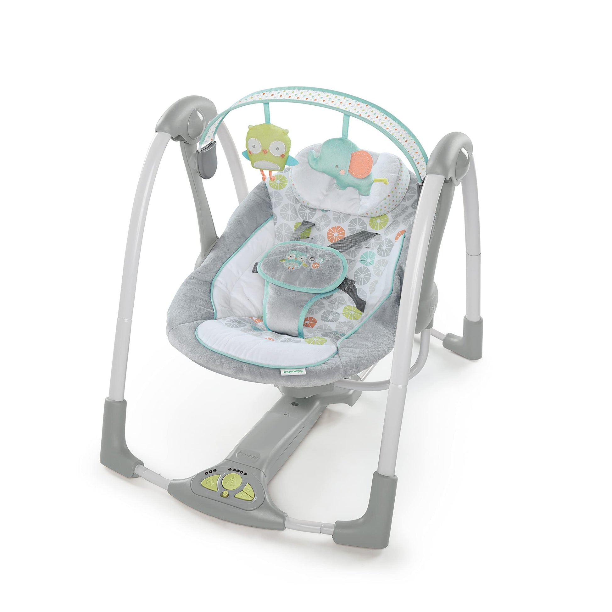 Ingenuity Swing 'N Go 5-Speed Baby Swing - Foldable, Portable, 2 Plush Toys & Sounds, 0-9 Months 6-20 Lbs (Hugs & Hoots)