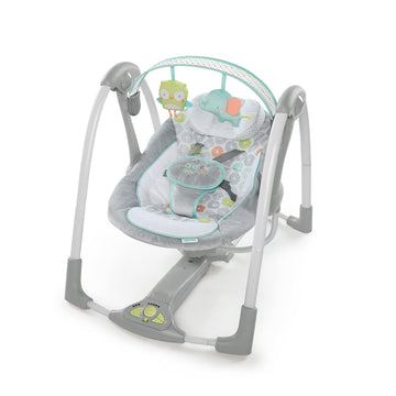 Ingenuity Swing 'N Go 5-Speed Baby Swing - Foldable, Portable, 2 Plush Toys & Sounds, 0-9 Months 6-20 Lbs (Hugs & Hoots)