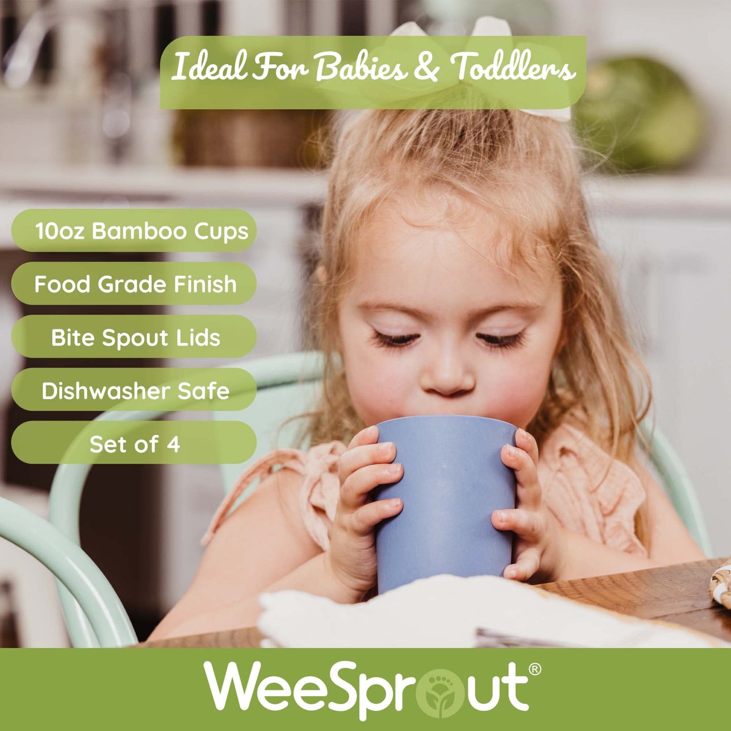 WeeSprout Bamboo Grow-With-Me Sippy Cups with Lids, 10 oz Set of Four, Babies Kids & Toddlers, Made With Bamboo & 100% Silicone,