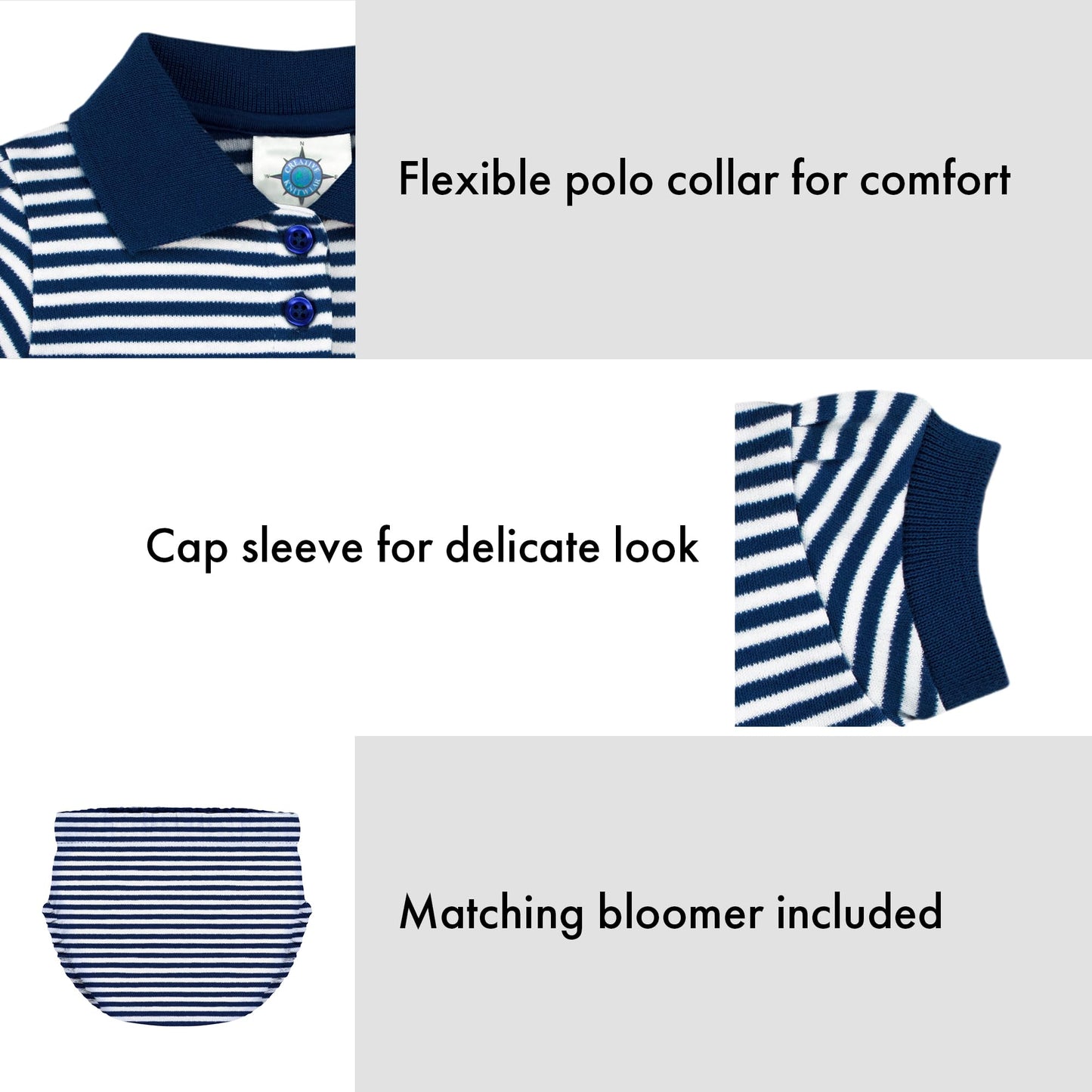 College Baby Striped Game Day Polo Dress With Bloomer - Marquette Golden Eagles Logo - Navy/White - 3-6 Months