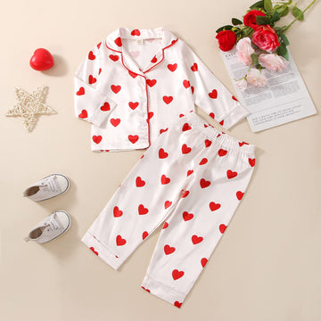 Qiylii Toddler Kids Baby Girl Satin Pajamas Set, Heart Print Valentine'S Day Silk Pajamas Sleepwear 2Pc Valentine Satin Pjs (7T,
