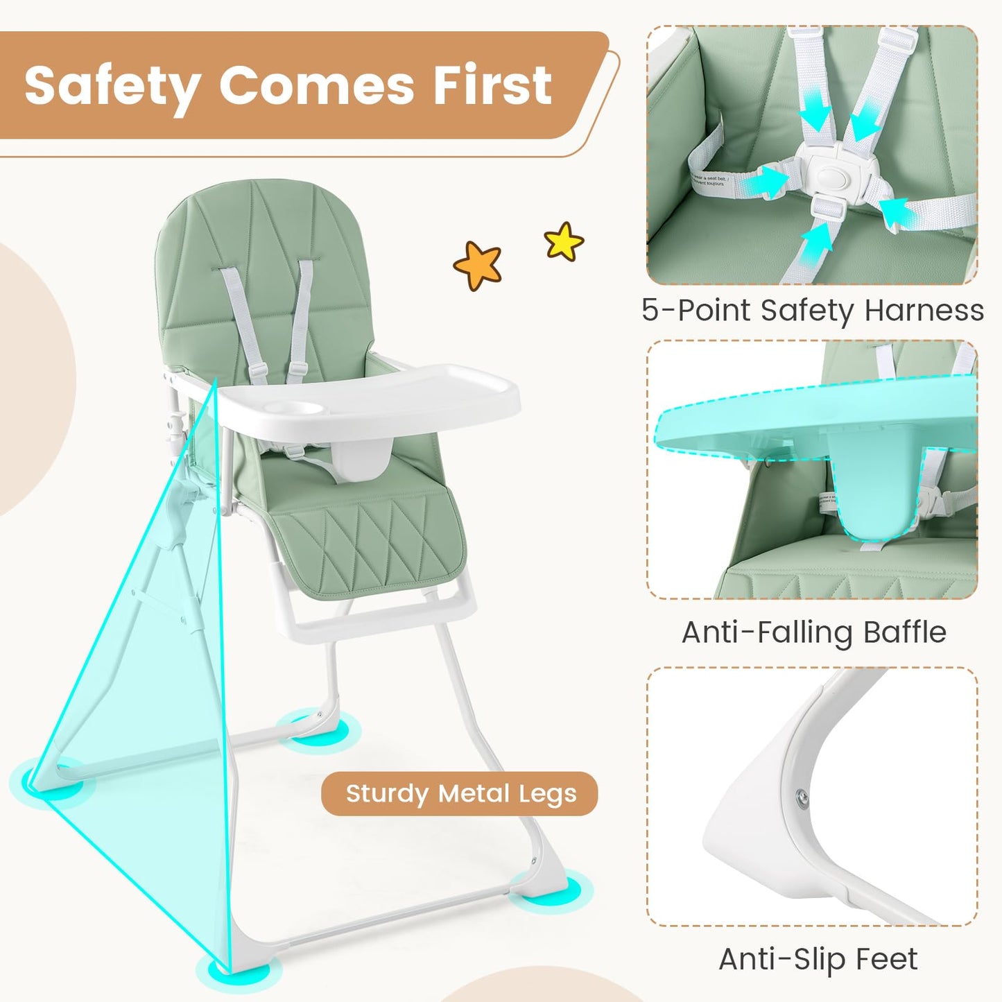 Honey Joy High Chair, Foldable Baby Feeding Chair, Adjustable Tray & Footrest, Removable Easy-To-Clean Pu Seat Cushion, 5-Point