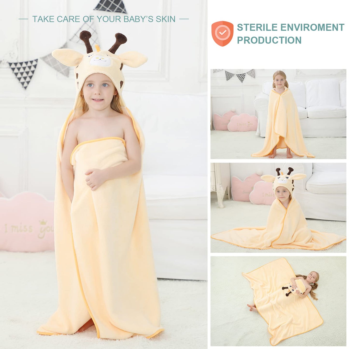 Michley Cartoon Hooded Baby Towel Unisex, Premium Soft Swimming Bathrobe Large Washcloths 31.5 ' X 53 ' For 0-9T (Giraffe)