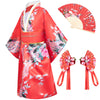 Elibelle Japanese Traditional Dress Kimono Robe For Kids Girls Costume Silk Folding Fans Hairstick Set(Red110Cm)