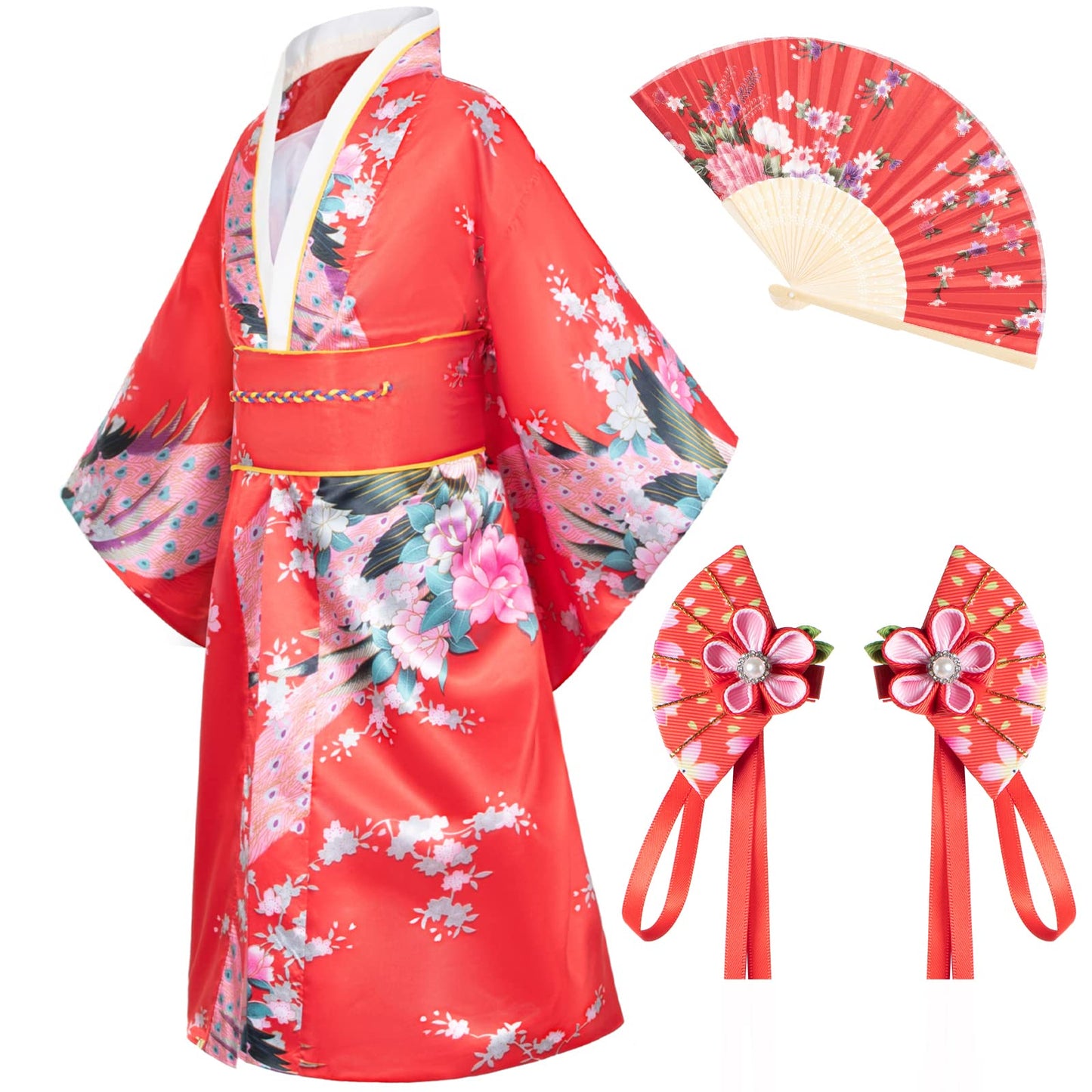 Elibelle Japanese Traditional Dress Kimono Robe For Kids Girls Costume Silk Folding Fans Hairstick Set(Red110Cm)