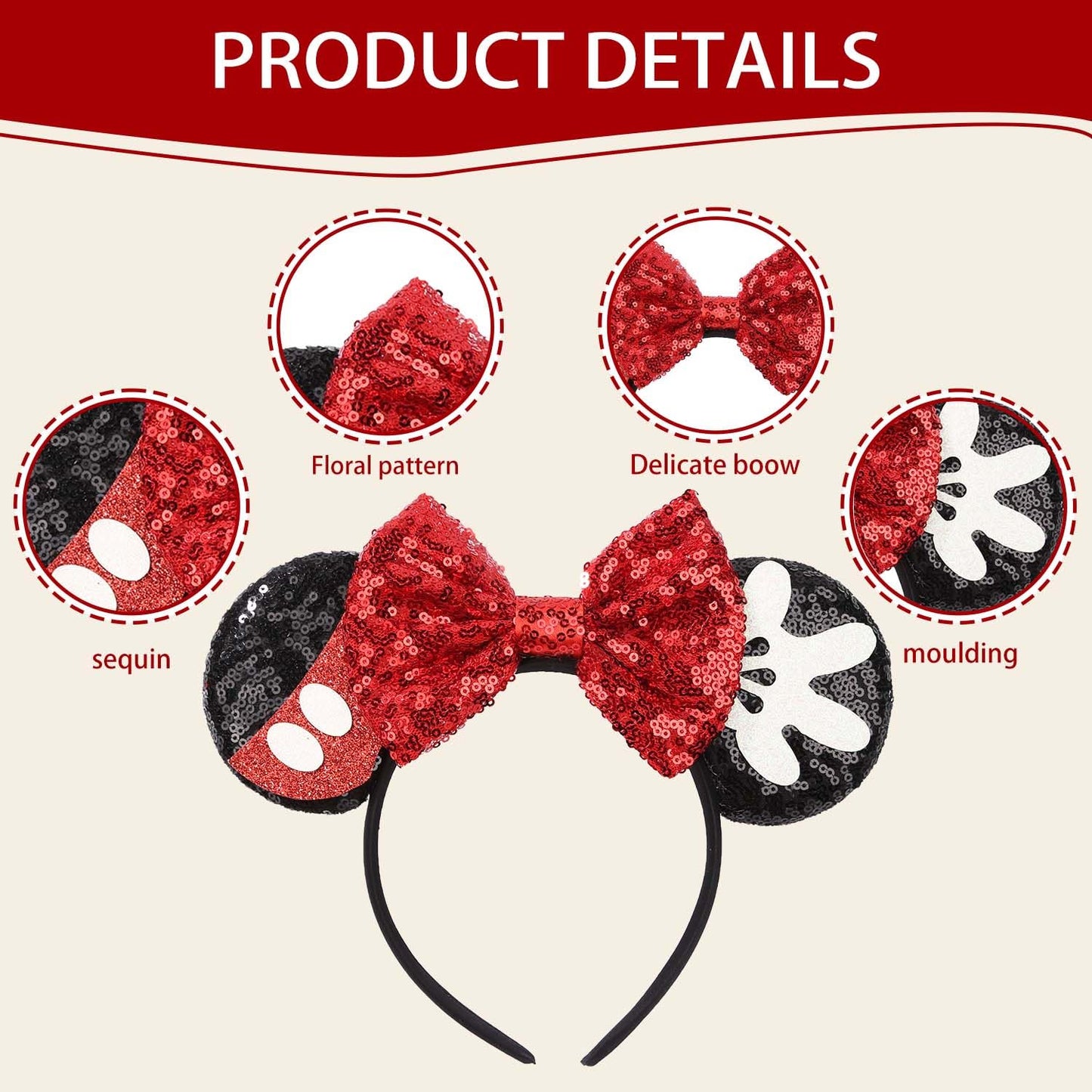 Razko Minnie Ears Headband, Sparkle Black Mickey Ears Headband With Bow,Park Ears Headband,Princess Decoration Cosplay Costume F