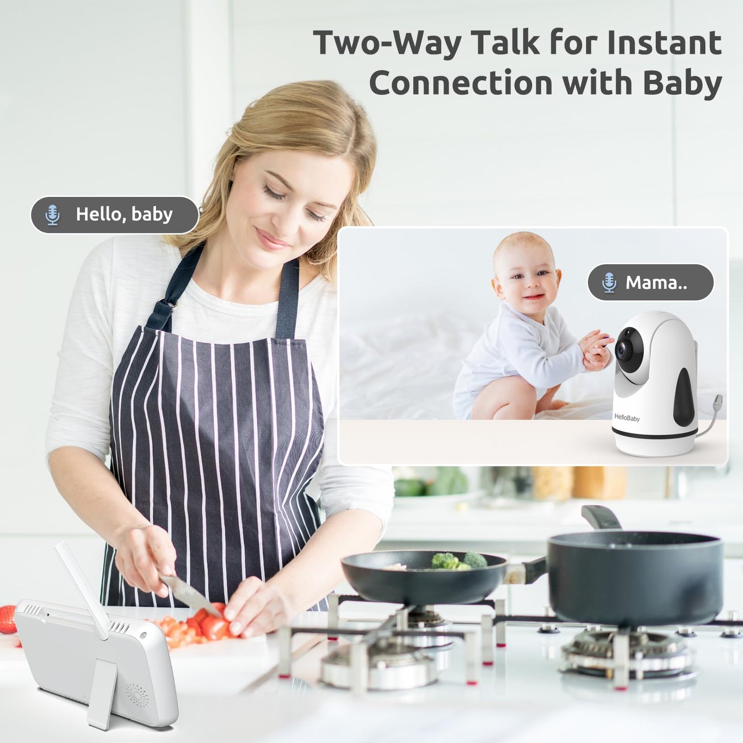 Hellobaby Video Baby Monitor With Upgraded 6 Ips Large Screen, Split Screen With 2 Cameras, Night Vision And Temprature Monit