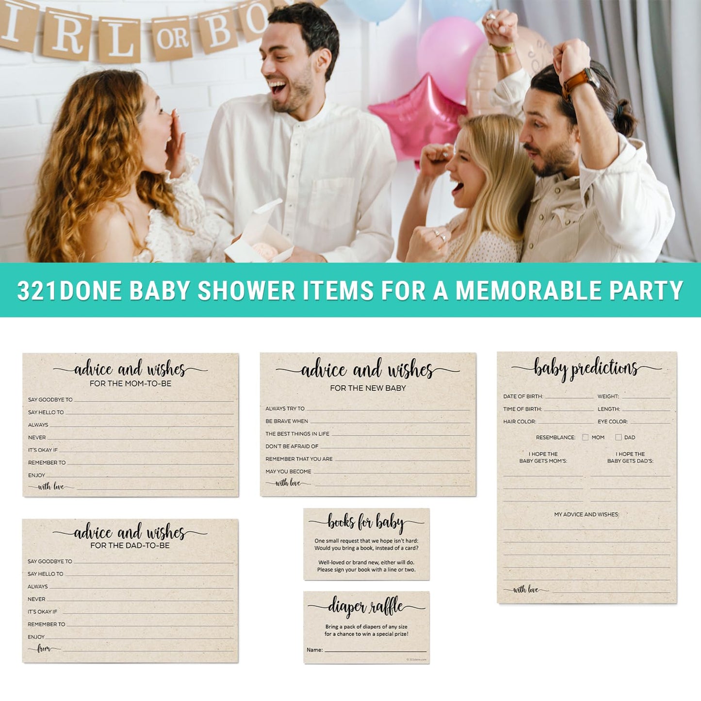 321Done Baby Predictions And Advice Cards, Made In Usa - 4X6 Tan, Fun Minimalist Baby Shower Games & Activity, Unique Gender Rev