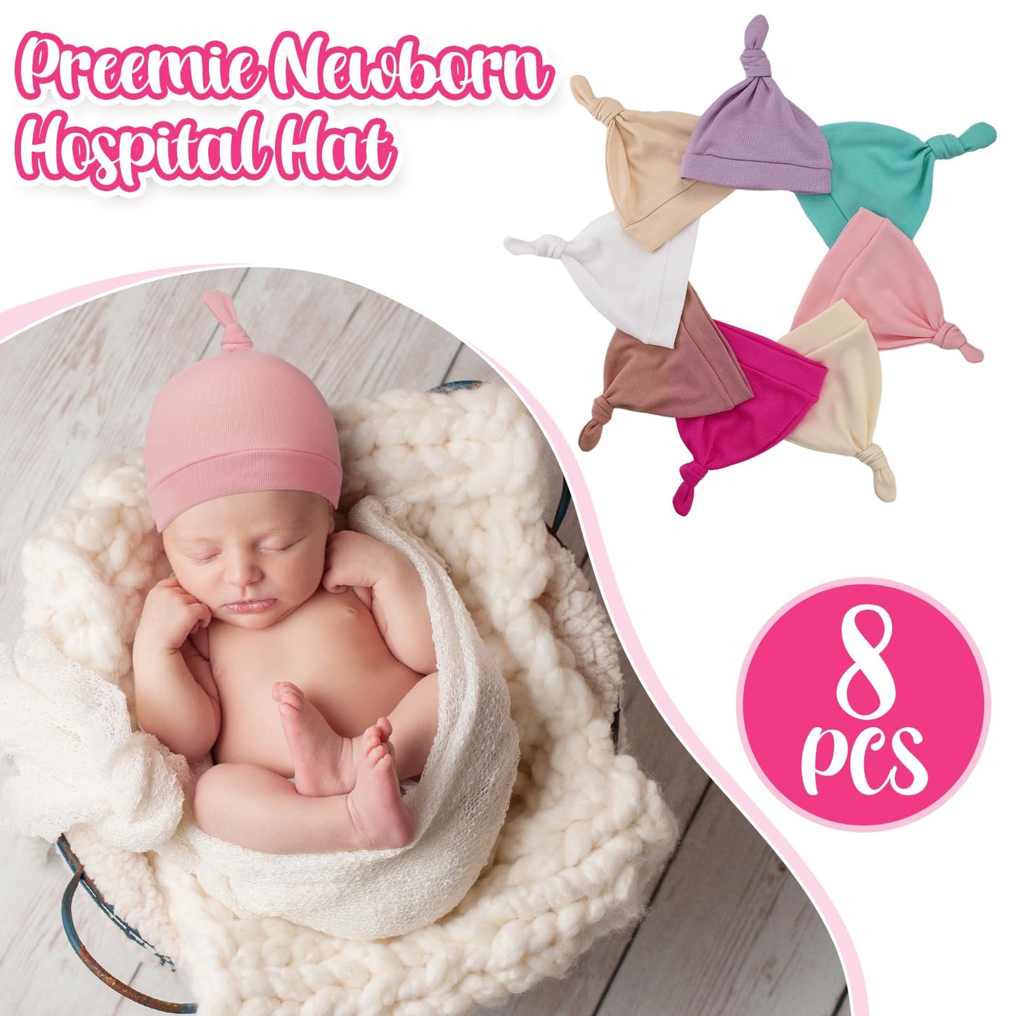 Suhine 8 Pcs Preemie Hats For Baby Girls Cotton Premature Knot Hats Newborn Hospital Cap Warm Knot Beanie Nicu For Preemie Girls