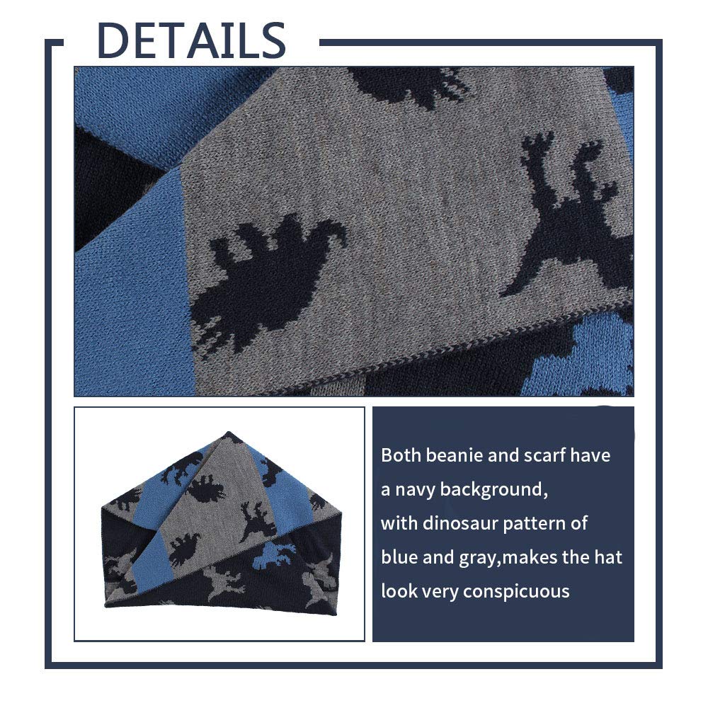 Jangannsa Knitted Baby Hat Scarf Set Winter Warm Boys Girls Beanie Fleece Lining Toddler Kids Hats With Pompom (Dinosaur Navy Ha