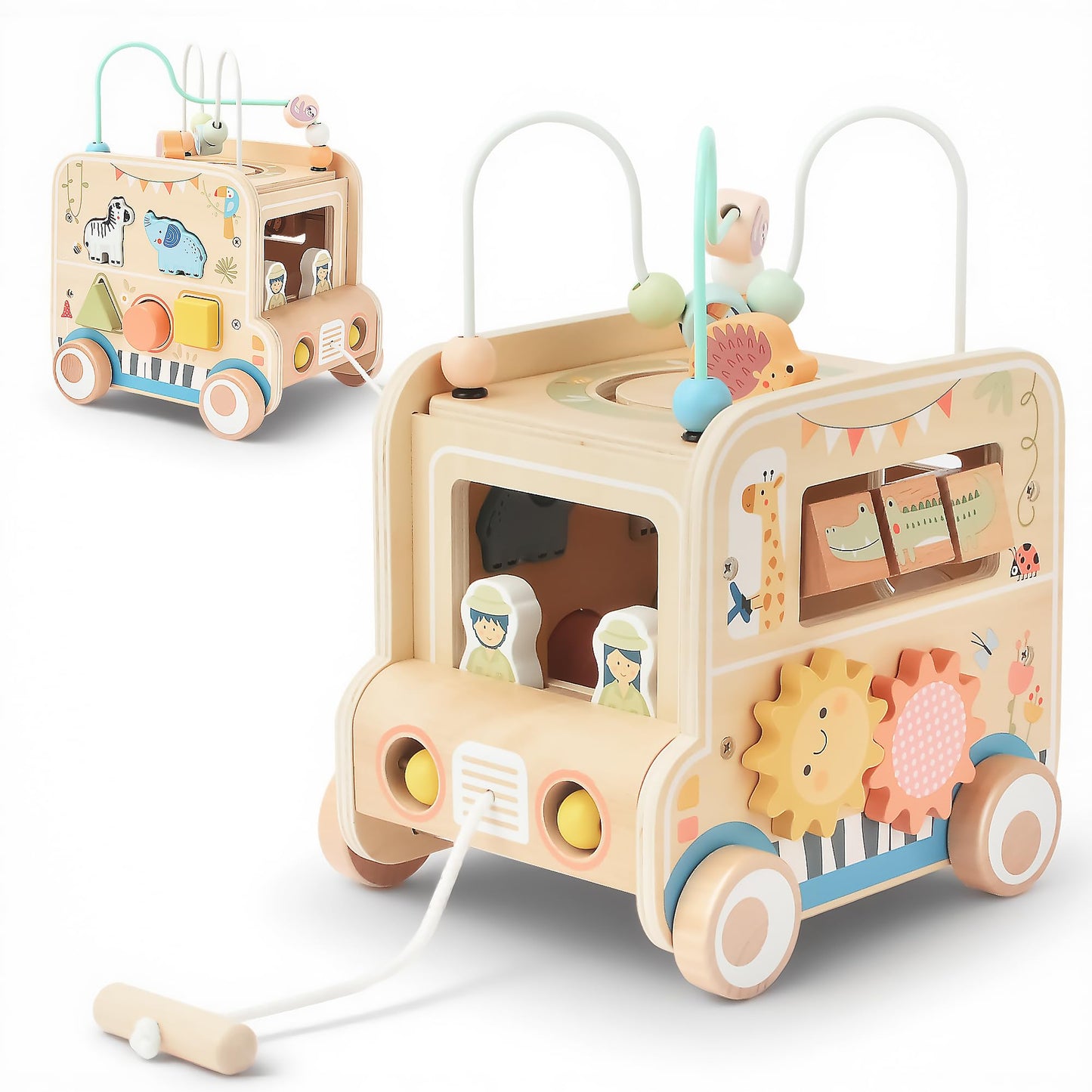 Pithfor Wooden Pull Along Activity Cube Toys, Montessori Toys for 1 2 3 Year Old Baby Toddlers, Baby Activity Cube for 1 Year Ol