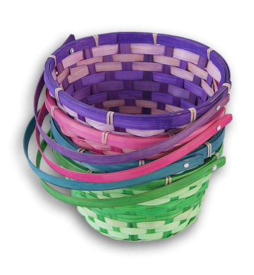 Easter Baskets With Hinged Handle - Round Woven Bamboo (Purple, Pink, Green, Blue) - 4 Pack