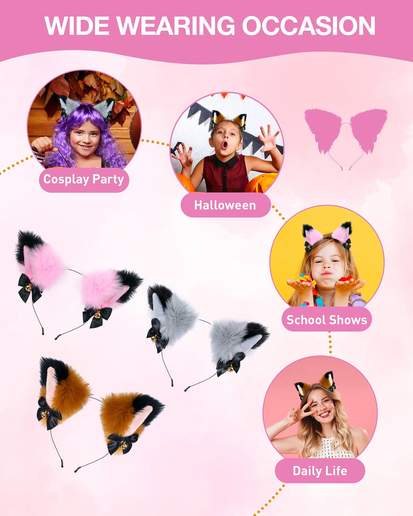 Cedar Bright Fox Cat Ears Anime Cosplay - Animal Wolf Headwear, Halloween Headband,Headpiece Costume Accessories With Bells (Pin