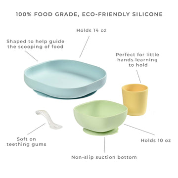 Beaba Silicone 4 Piece Baby Feeding Set, Suction Plates For Baby, Includes Plate, Bowl, Cup, 2Nd Stage Silicone Spoon, High Grad